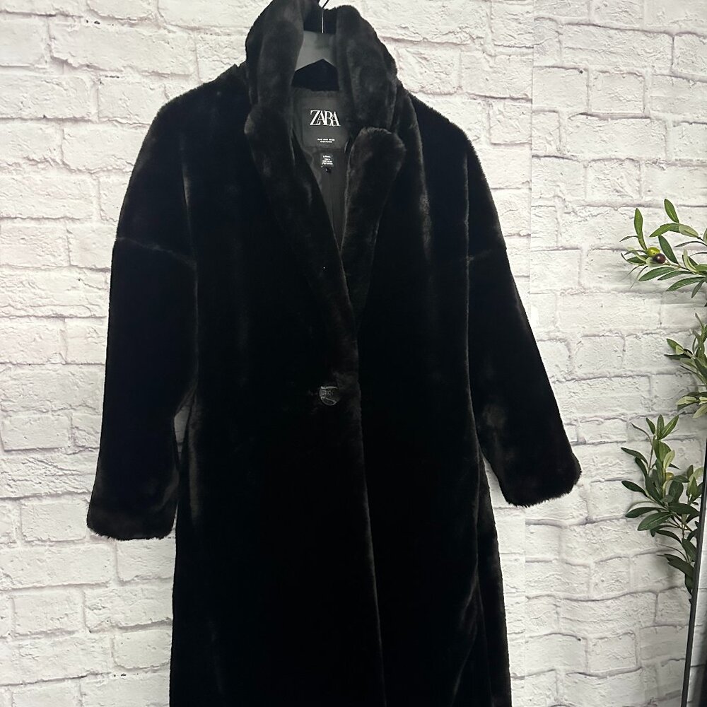 Zara Faux Fur Black Jacket with Tie Belt